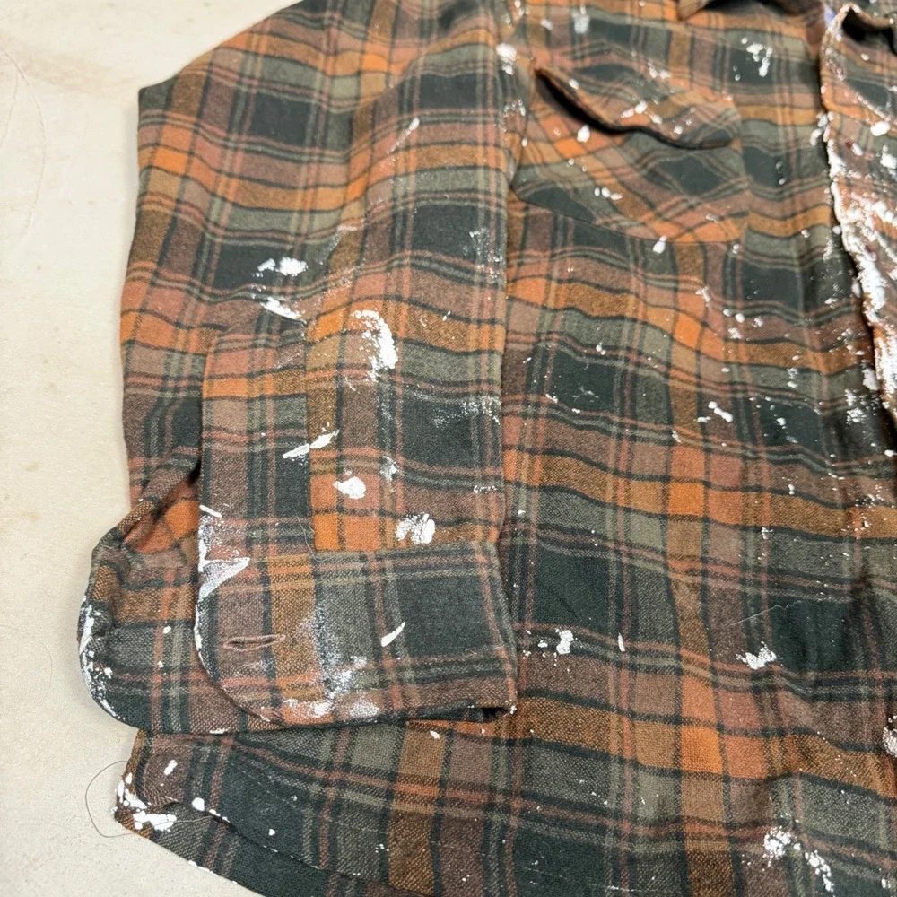 Vintage Pendleton Wool Board Shirt Mens M Brown shadow Plaid Paint Splatter 70s